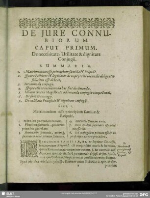Caput Primum. De necessitate, Utilitate & dignitate Conjugii
