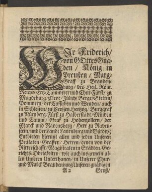 Wir Friderich ... 19. Decembr. 1701