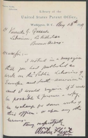 [Carta de agradecimiento de Weston Flint a Vicente Quesada en inglés, Washington, D. C., 13 de agosto de 1879] : Biblioteca del Oficina de Patentes de Estados Unidos