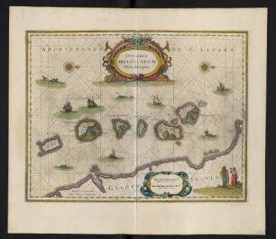 Karte von den Molukken, Indonesien, ca. 1:270 000, kolorierter Kupferstich, 1645 : Insularum Moluccarum Nova descriptio. - [Ca. 1:270.000]. - Amstelodami//Amsterdam : Ioannes Ianssonius, [1645]. - 1 Kt : Kupferst ; 36 x 48 cm. - Maßstab in graph. Form (Milliaria Germanica communia, Milliaria Gallica communia). - W oben