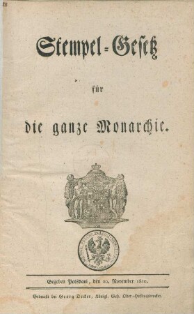 Stempel-Gesetz für die ganze Monarchie : gegeben Potsdam den 20. November 1810