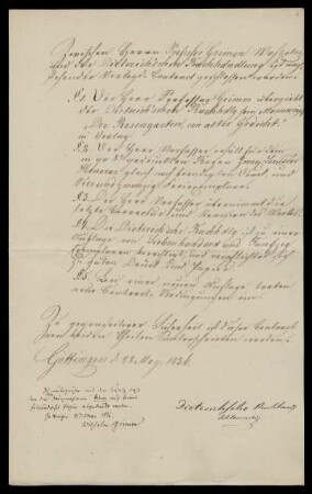 Vertrag zwischen der Dieterichschen Buchhandlung und Wilhelm Grimm vom 28. bzw. 31.5.1836 über den "Rosengarten"