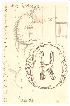 Postkarte mit Skizzen und Notizen : Nummerierung von 1 bis 16; ein Monogramm; handschriftliche Anmerkungen