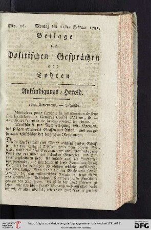 Beilage zu Politischen Gesprächen der Todten. Ankündigungs-Herold. Nro. 16