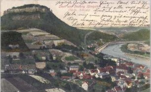 Königstein/Sächs. Schweiz. Stadt und Festung Königstein, kolorierte Ansichtskarte