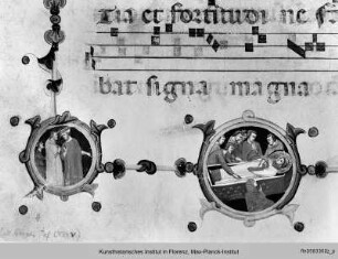 Initiale S mit dem Heiligen Stephanus und fünf Medaillons mit Szenen aus seinem Protomartyrium - Antiphonarium proprium de tempore et Commune Sanctorum