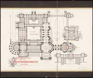 Fürstliche Sommerresidenz Schinkelwettbewerb 1886: Grundriss UG, OG 1:250