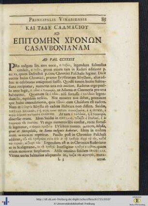 KAI TAΔE CAΛMACIOΥ Ad EΠΙΤΟΜΗΝ XPONΩN Casaubonianam.