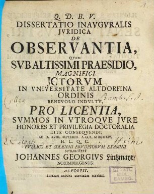Dissertatio Inavgvralis Jvridica De Observantia