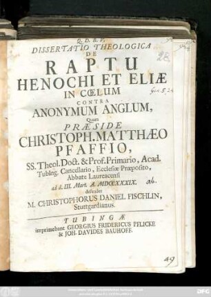 Dissertatio Theologia De Raptu Henochi Et Eliæ In Cœlum Contra Anonymum Anglum