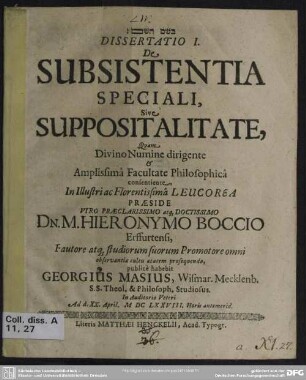1: Dissertatio ... de subsistentia speciali, sive suppositalitate