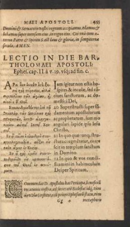 Lectio In Die Bartholomaei Apostoli: Ephes. cap. II. a v. 19. usq[ue] ad fin. c.