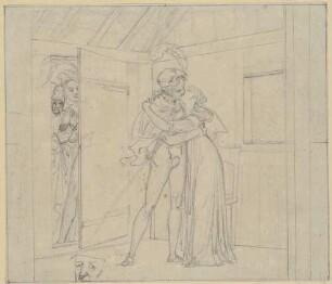 Zu Goethes "Faust": Blatt 15 (17): Gartenhäuschen (Faust küsst Gretchen, Mephisto und Marthe hinter der Tür)