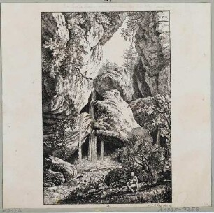 Der Dorfstein im Kirnitzschtal in der Sächsischen Schweiz, aus den "70 Mahlerischen An- und Aussichten der Umgegend von Dresden ..." von C. A. und L. Richter um 1820