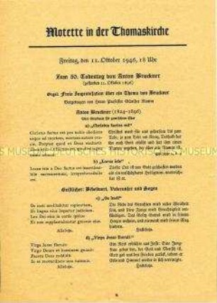 Programmblatt zu einer Veranstaltung in der Leipziger Thomas-Kirche anlässlich des 50. Todestages von Anton Bruckner