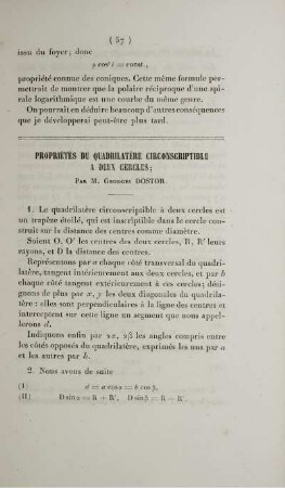 Propriétés du quadrilatère circonscriptible a deux cercles.