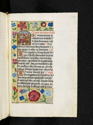 Bordürenseite mit Streumusterbordüre und Textanfangsminiatur: Gnadenstuhl