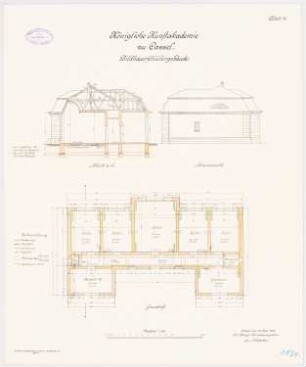 Kunstakademie, Kassel Bildhauerschülergebäude: Grundriss, Seitenansicht, Querschnitt, 1:100