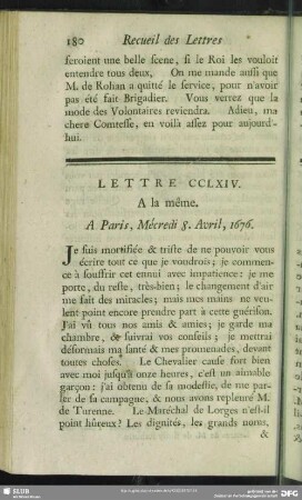 Lettre CCLXIV. A la même. A Paris, Mécredi 8. Avril, 1676