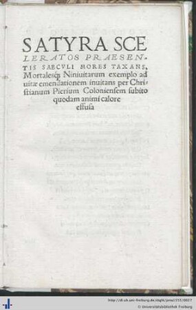 Satyra Sceleratos Praesentis Saeculi Mores Taxans…