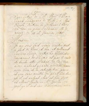 Copie D'une Lettre de S.A. Monsr. le Prince Ernest Landgrave de Hesse à Monsr. Nicole, Docteur de Sorbonne à Paris, du lieu, on pour l'ordinaire elle de meure, ce 18. de Janvier 1685.