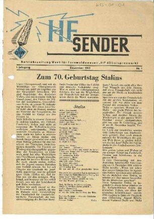 Betriebszeitung HF-Sender vom Dezember 1949