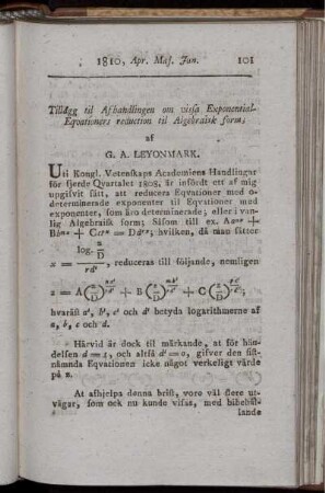 Tillägg til Afhandlingen om viska Exponential-Eqvationers reduction til Algebraisk form.