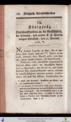 12. Bischöflich-Königgräzisches Circularschreiben an die Geistlichkeit, die Toleranz betreffend, den 21. Nov. 1781.