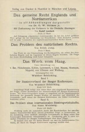 Verlag von Dunker & Humblot in München und Leipzig ...