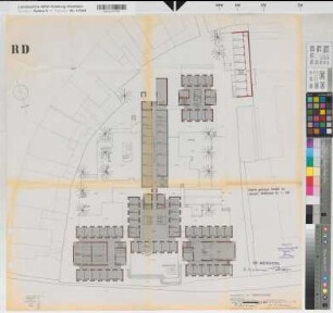 Münster (Münster) Entwurf des Regierungsgebäudes Grundriß Erdgeschoß 1964 1 : 200 69 x 70 farb. Vervielfältigung Staatsneubauleitung Münster
