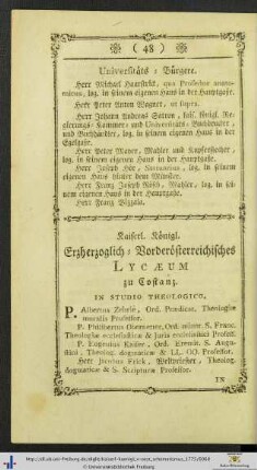 Kaiserl. Königl. Erzherzoglich-Vorderösterreichisches Lycaeum zu Costanz.