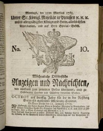 No. 10. Montags, den 11ten Martius 1765.