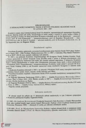 Sprawozdanie z działalności Komitetu Nauk o Sztuce Polsciej Akademii Nauk w latach 1985-1987