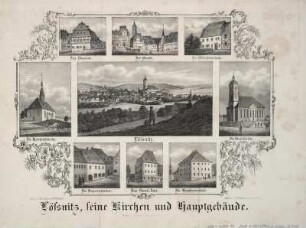 Ansicht von Lößnitz/Erzgeb. , Lithographie, um 1845 : Lößnitz, seine Kirchen und Hauptgebäude / nach d. Natur gez. v. W. Wegener. - Dresden : Hermann Schmidt ; Dresden : Ketzschau , [um 1845]. - 9 Ansichten auf 1 Kunstblatt : Lithogr. ; Blattgr. 41 x 30 cm