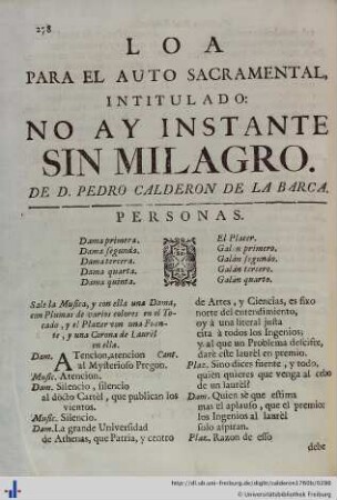 Loa para el Auto Sacramental No ay instante sin Milagro.
