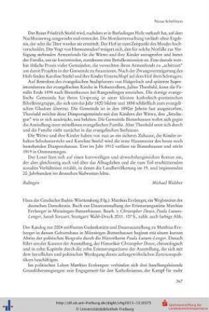 Haus der Geschichte Baden-Württemberg (Hg.): Mat thias Erzberger. Ein Wegbereiter der deutschen Demokratie. Buch zur Dauerausstellung der Erinnerungsstätte Matthias Erzberger in Münsingen-Buttenhausen. Bearb. v. Christopher Dowe, Paula Lutum-Lenger, Sarah Stewart, 2011