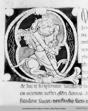 Rhetorica ad Herennium : Textseite mit historisierter Initiale Q: David und der Löwe