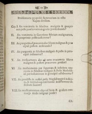 Problematis propositi summarium in octo Capita divisum.