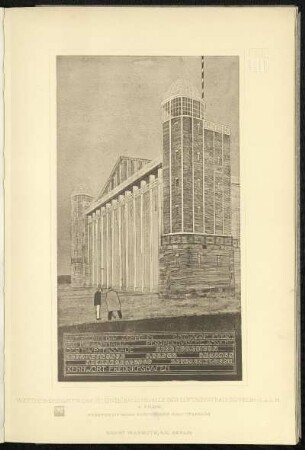 Wettbewerbsentwurf zu einer Ballonhalle der Luftschiffbau-Zeppelin G. m. b. H. / 2. Preis / Perspektivische Ansicht der Hauptfassade