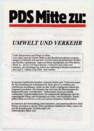 Flugschrift der PDS Berlin-Mitte zu Problemen der Verkehrs- und Umweltpolitik
