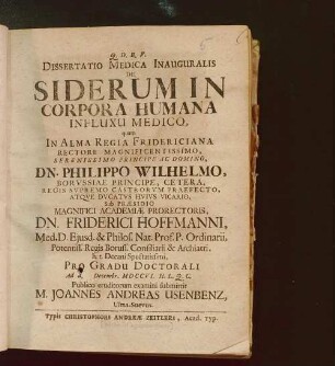 Dissertatio Medica Inauguralis De Siderum In Corpora Humana Influxu Medico