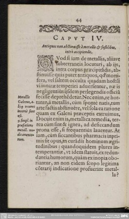 Caput IV. Antiquos non abstinuisse a metallis & fossilibus, intro accipiendis