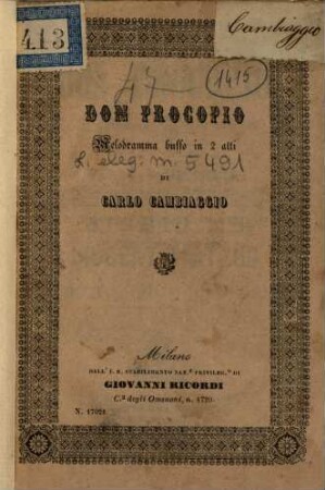 Don Procopio : melodramma buffo in due atti ; da rappresentarsi al Teatro Sutera in Torino il carnevale 1847 - 48