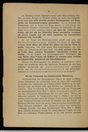 III. Ein Telegramm des Feldmarschalls Hindenburg