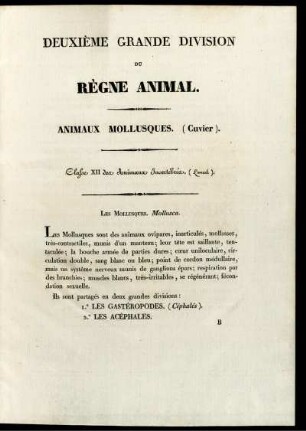 DEUXIEME GRANDE DIVISION DU REGNE AMMAL. ANIMAUX MOLLUSQUES. (Cuvier)