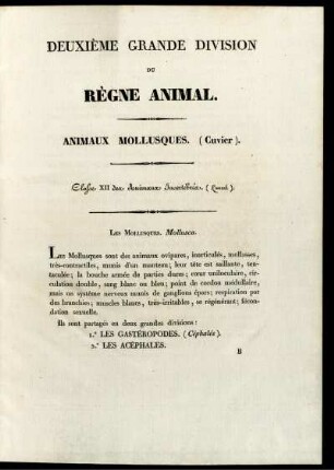 DEUXIEME GRANDE DIVISION DU REGNE AMMAL. ANIMAUX MOLLUSQUES. (Cuvier)