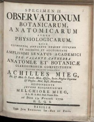 Specimen II Observationum Botanicarum, Anatomicarum Atque Physiologicarum