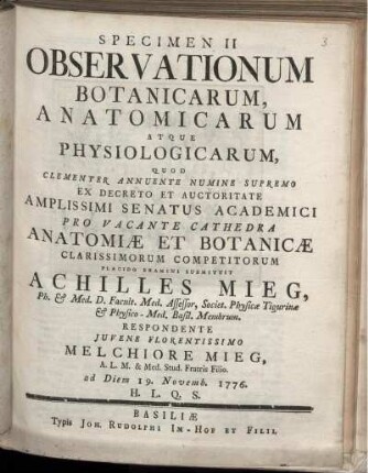Specimen II Observationum Botanicarum, Anatomicarum Atque Physiologicarum