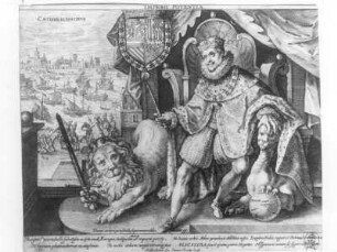 Thronender Regent mit einem Löwen, ein Schwert haltend, und mit Greifenvogel : Vorlage für die Silbereinlage des Jagd- und Arbeitstisches von 1636. Imperii potenta. Catholicissimus (Thronender Regent mit einem Löwen, ein Schwert haltend, und mit Greifenvogel). Kupferstich (vor 1636)