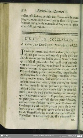 Lettre CCCCLXXXIV. A Paris, ce Lundi, 22. Novembre, 1688